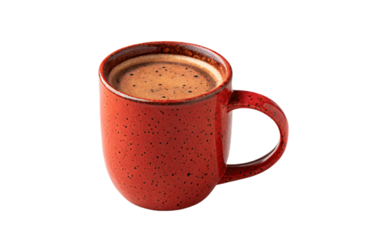 Red speckled ceramic coffee cup containing frothy brown coffee beverage, isolated on a transparent background