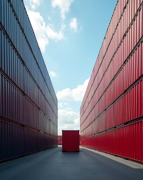 Symmetrical Rows of Shipping Containers Under Blue Sky