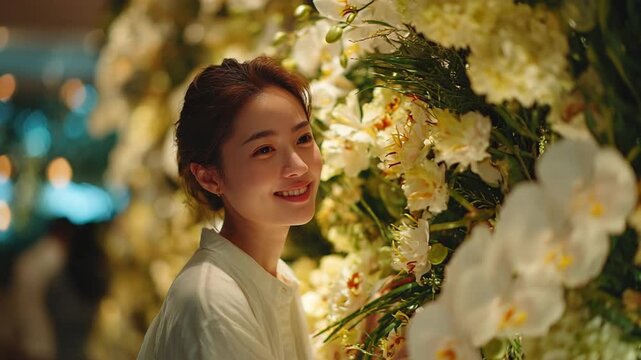 Woman with eyes closed, smiles while surrounded by a profusion of flowers with soft bokeh background