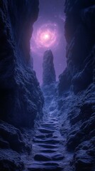 Walking Up Stone Steps in Dark Canyon Under Galaxy