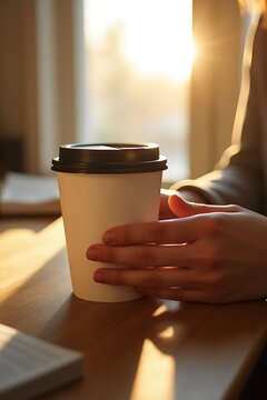 Hand Holding Coffee Cup in Warm Sunlight Indoors