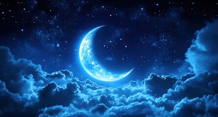 A glowing crescent moon shines brightly above blue clouds under a star-filled night sky.