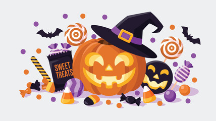 Halloween Cartoon Smiling Pumpkin Wearing Witch Hat Surrounded by Candy and Bats Decorations