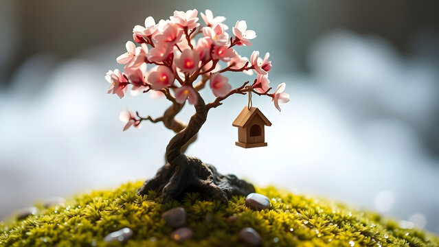 Miniature cherry blossom tree with delicate pink flowers and a tiny birdhouse on a vibrant moss landscape. - Powered by Adobe