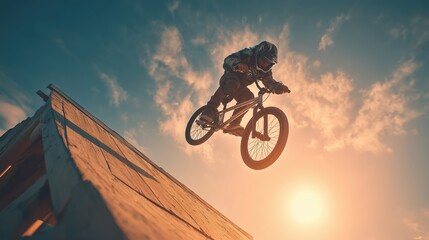 Naklejka premium A Rider Leaning From A Wooden Ramp Against A Golden Sunset Sky