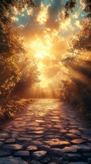 Pathway Through Trees at Golden Hour with Sunlight Streaming