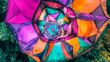 Vibrant collection of colorful umbrellas hanging in a lush green forest creating a whimsical scene