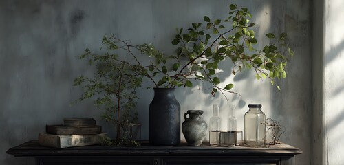 Shadowed corner vignette with asymmetrical vintage elements and raw details