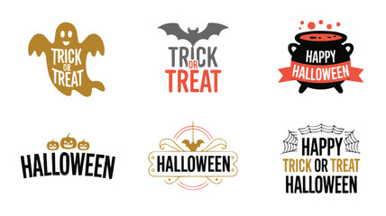 Naklejka premium Halloween Designs Ghost, Bat, Pumpkins, Cauldron, Web, Trick or Treat and Happy Halloween Logos