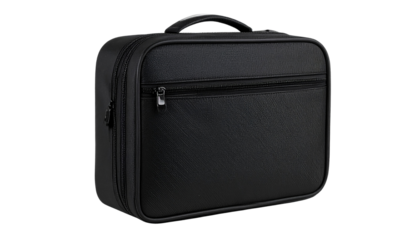 Simple and sleek black zippered case shown on a plain background ideal for storing electronics or personal items at home or office on transparent