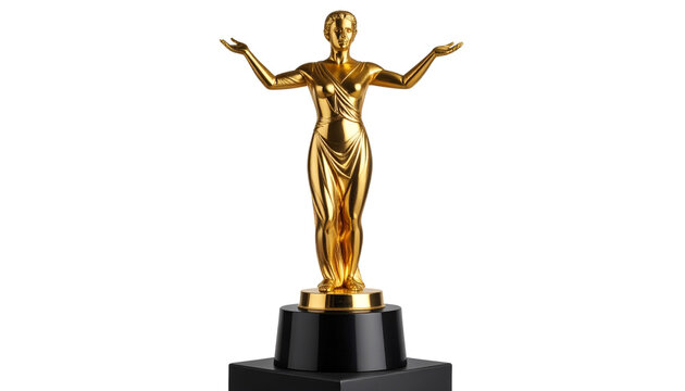 Golden Oscar award statue with a polished metallic finish and classic standing pose, mounted on a black pedestal base, fully isolated on a transparent PNG background, perfect for film industry visual