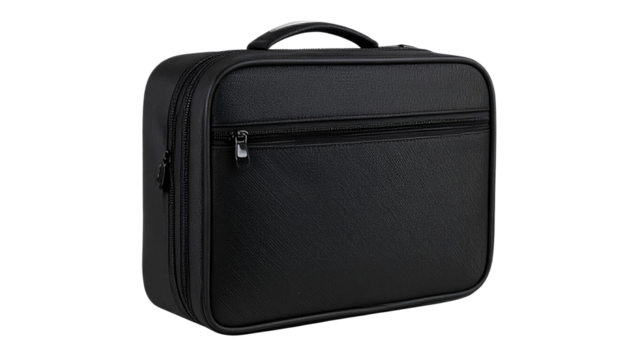 Simple and sleek black zippered case shown on a plain background ideal for storing electronics or personal items at home or office on transparent