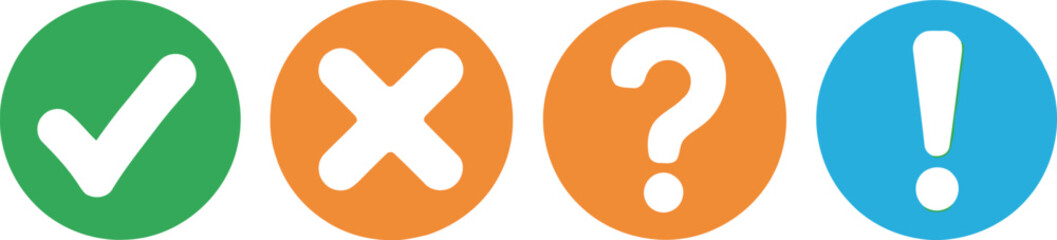 Colorful Check Mark, Cross, Question Mark, Exclamation Point Icons on White