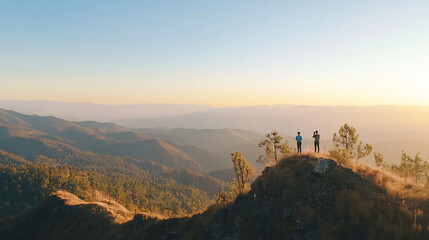 Individual standing triumphantly on a mountain top with breathtaking views of the surrounding landscape