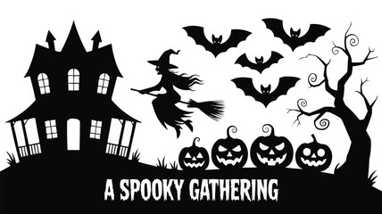 Halloween Silhouettes Haunted House, Witch on Broom, Bats, Jack O' Lanterns, and Bare Tree