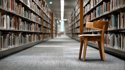 Obraz premium Minimalist quiet library interior with single wooden chair, tall bookshelves and wide blank carpet aisle, calm study environment designed for reading, research, learning and academic knowledge.