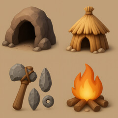 3D Prehistoric Dwelling Icons Set – Caves, Huts & Ancient Tools for Creative Projects