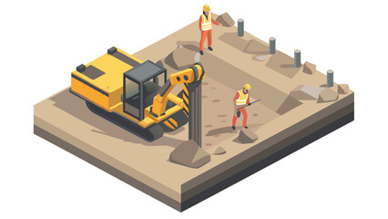 Isometric view of construction site featuring workers and a pile driving machine in operation area