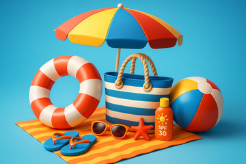 Vibrant 3D Summer Beach Essentials – Perfect Vacation Rendering