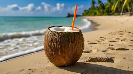 Fresh Coconut Drink with Straw at a Tropical Beach