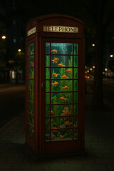 Obraz premium Vintage Telephone Booth Converted into a Goldfish Aquarium at Night