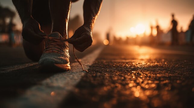 Low Angle Shot Of Person Lacing Up Shoes Before Sunset
