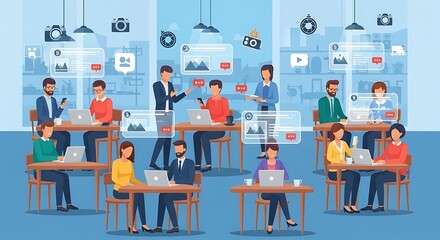 Diverse Professionals Collaborating and Networking in a Modern Co-working Space with Digital Icons