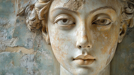 Antique female sculpture face on weathered wall
