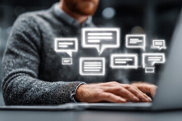 Knowledge sharing and management. Discussion forums for project management within team collaboration platform. Businessman using laptop computer for messaging team. High quality