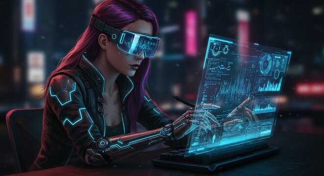 Cyberpunk Female Hacker with Futuristic Robotic Arm Interacting with Holographic Interface in Neon City Night
