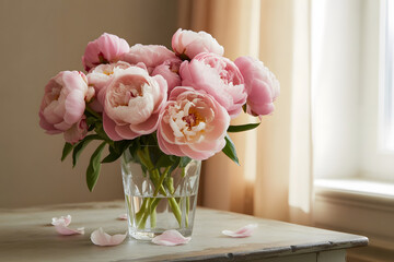A bouquet of light pink peonies in a clear glass vase sits on a table near a window with soft, natural light.