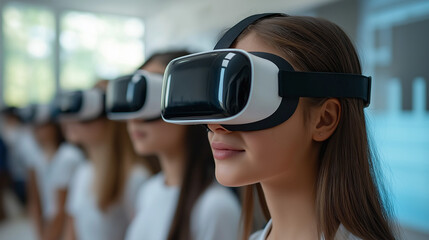 Group of diverse students experiencing virtual reality technology for future education  
