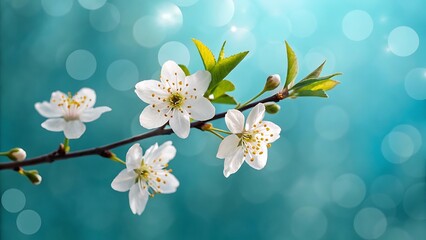 Delicate white cherry blossoms bloom on a branch against a soft teal bokeh background