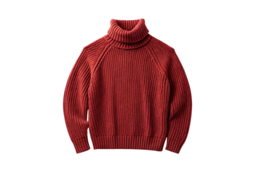 Deep red ribbed turtleneck sweater with vertical texture lines and thick knit construction, isolated on a transparent background