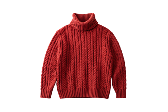 Red cable-knit turtleneck sweater with intricate braided patterns and ribbed collar cuffs, isolated on a transparent background