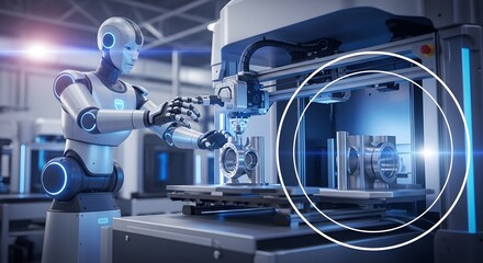 Robot Operating Industrial Machine with Metal Parts