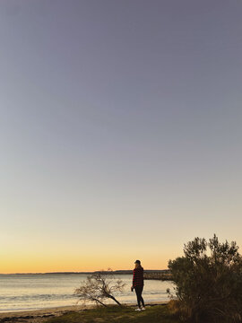 Silhouette of woman standing in front of coastal marina background at twilight