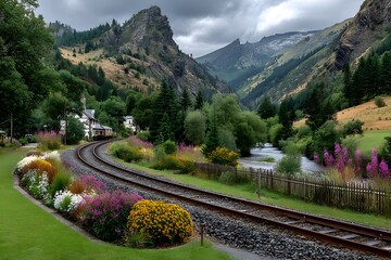 Fototapeta premium Scenic mountain train route through grassy farmland high resolution image