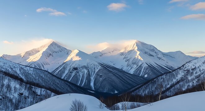 Breathtaking aerial view of snow-capped mountain peaks against a clear blue sky in winter