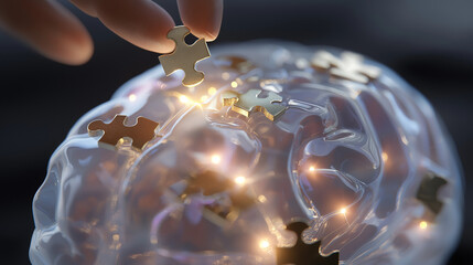A translucent brain filled with glowing puzzle pieces, one being slotted by an invisible hand, symbolizing cognition.