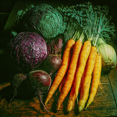 From the garden to the kitchen table: carrots, green and red cabbages, beetroots and celery