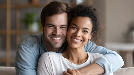 Fototapeta premium Joyful Embrace of a Diverse Couple at Home