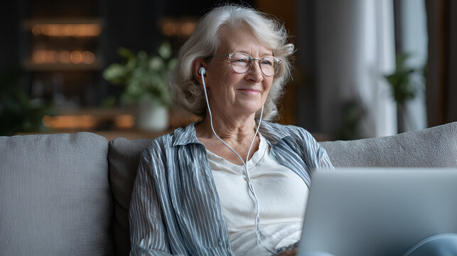 Smiling mature woman with glasses and headphones relaxes on a sofa while using a laptop, enjoying the convenience of modern technology. - Powered by Adobe