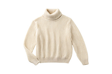Cream colored ribbed turtleneck sweater with chunky knit texture and folded collar design, isolated on a transparent background