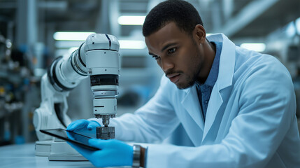 Black male engineer working with robotic arm in modern laboratory  