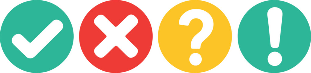 Fototapeta premium Green Checkmark, Red Cross, Yellow Question Mark, Green Exclamation on White