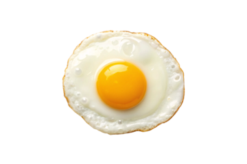 Perfectly cooked fried egg with golden yolk and crispy white edges showing bubbles, isolated on a transparent background