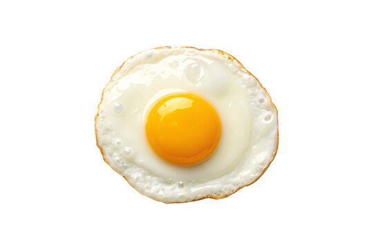 Perfectly cooked fried egg with golden yolk and crispy white edges showing bubbles, isolated on a transparent background
