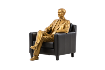 Elegant golden businessman statue seated comfortably in luxurious black leather chair with crossed legs, isolated on a transparent background