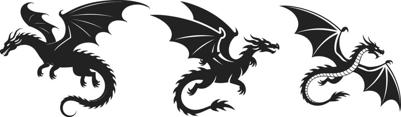 Three black dragons flying wing spread wings silhouette